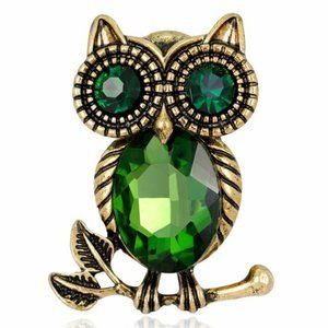 Green Rhinestone Owl Brooch NWT